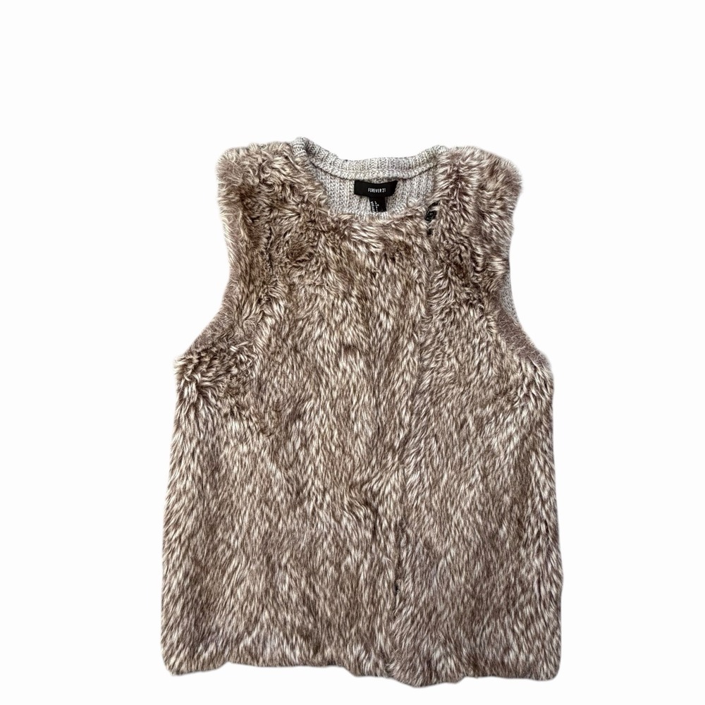 Forever 21‎ Faux Fur Vest Large Full Zip Mob Wife Lagenlook Y2K Style Knit Beige